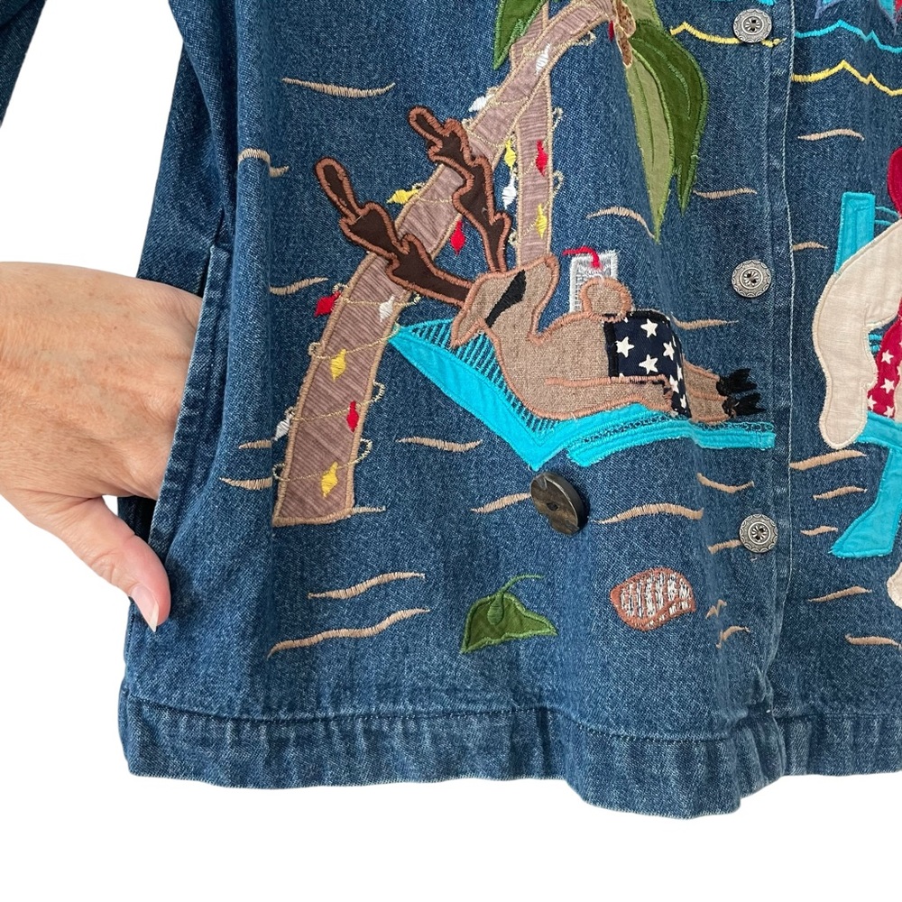 Santa Beach Denim Button Down Jacket So Cute Embr… - image 5